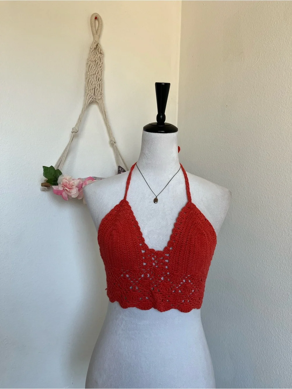 Orangish Red Crochet Halter Crop Top size small